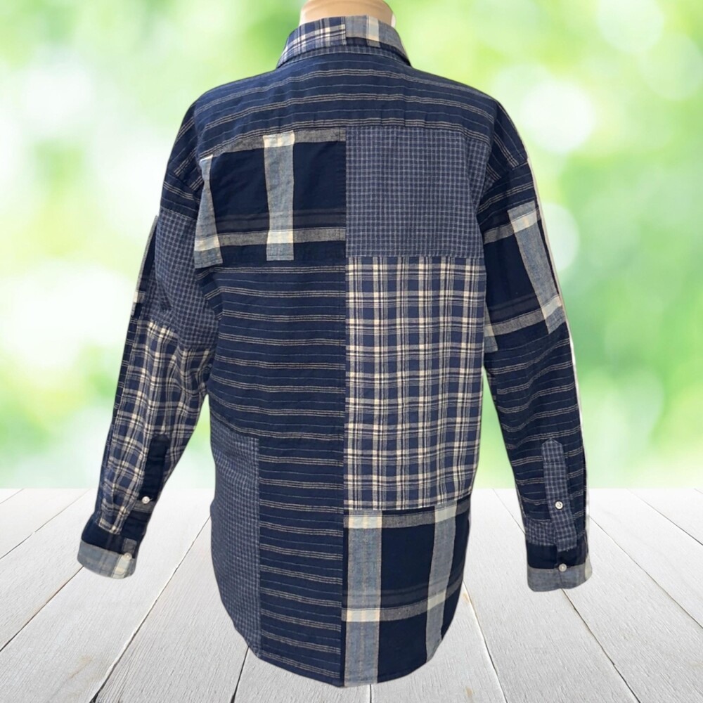 LAUREN RALPH LAUREN Patchwork Plaid Shirt Cotton Linen Button Front Blue Size M - Picture 3 of 13